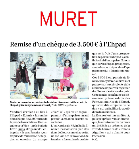 ESPACE FACADES fait un don de 3.500 € à l&rsquo;Ehpad EDENIS